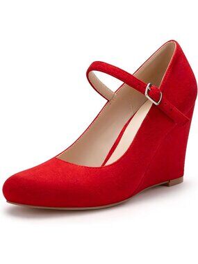 Women's Red Suede Wedge Pumps With Ankle Strap Closed Toe Dressy Heels Shoes